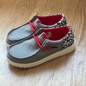 Hey Dude Kids Grey Slip-On Sneakers with Red Lining and Checker Heel